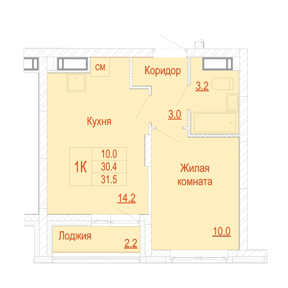 Планировка: 1-комнатная · 31,50 м²