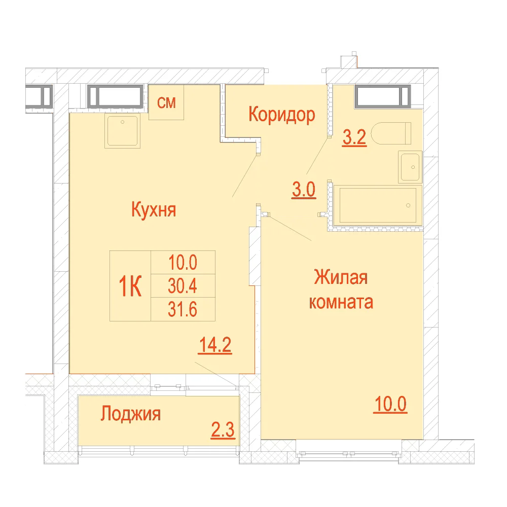 Планировка: 1-комнатная · 31,60 м²