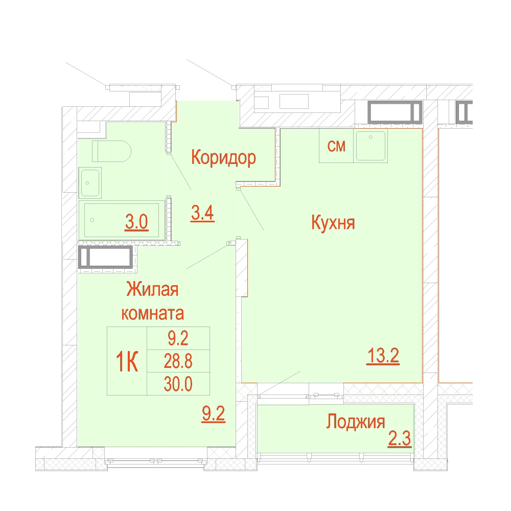 Планировка: 1-комнатная · 30,00 м²