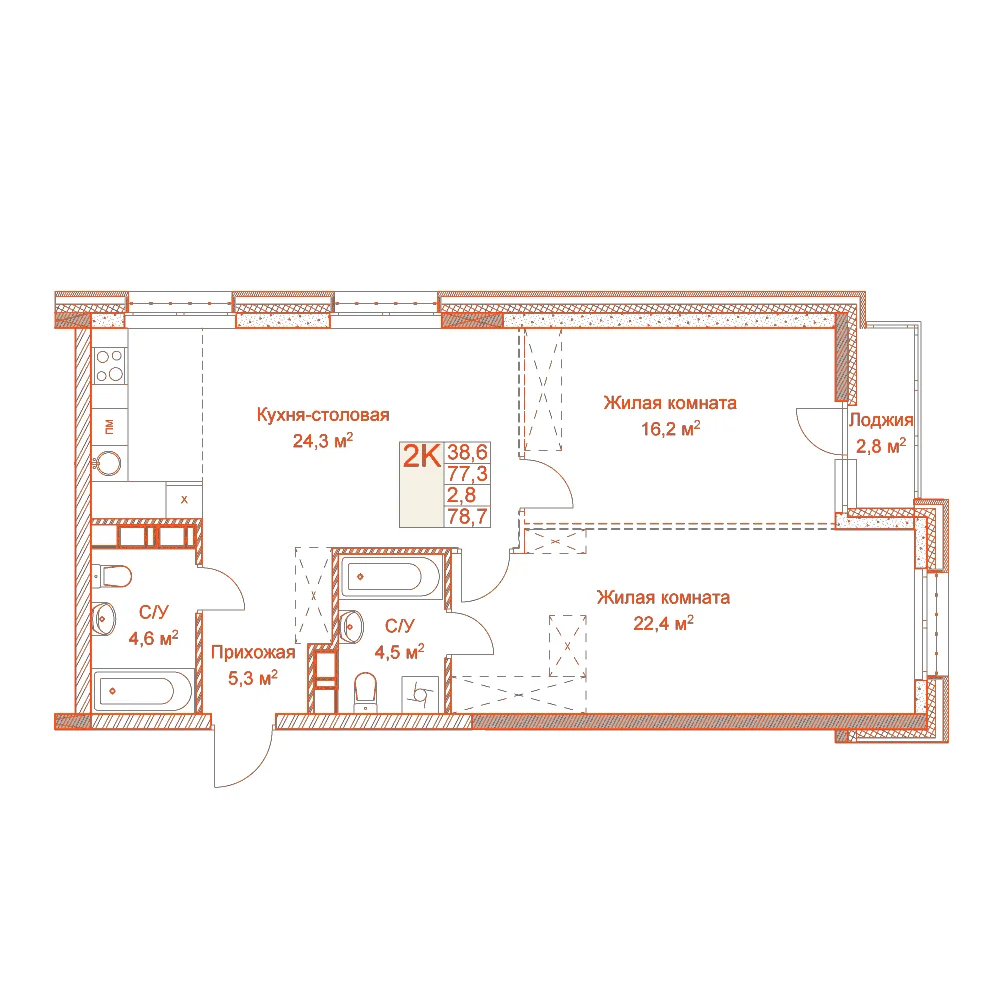 Планировка: 2-комнатная · 78,70 м²