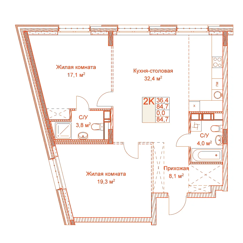 Планировка: 2-комнатная · 84,70 м²