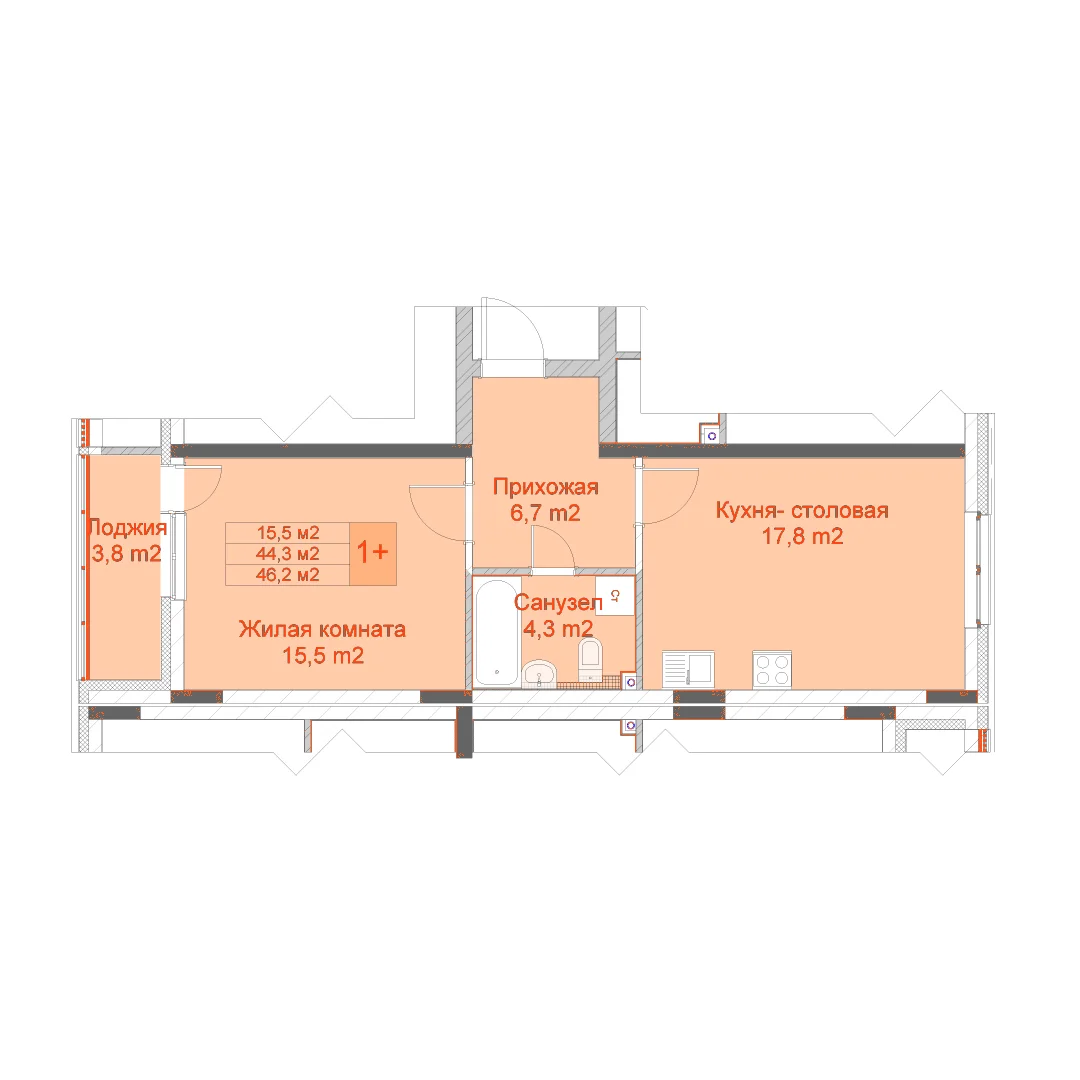 Планировка: 1-комнатная · 46,20 м²