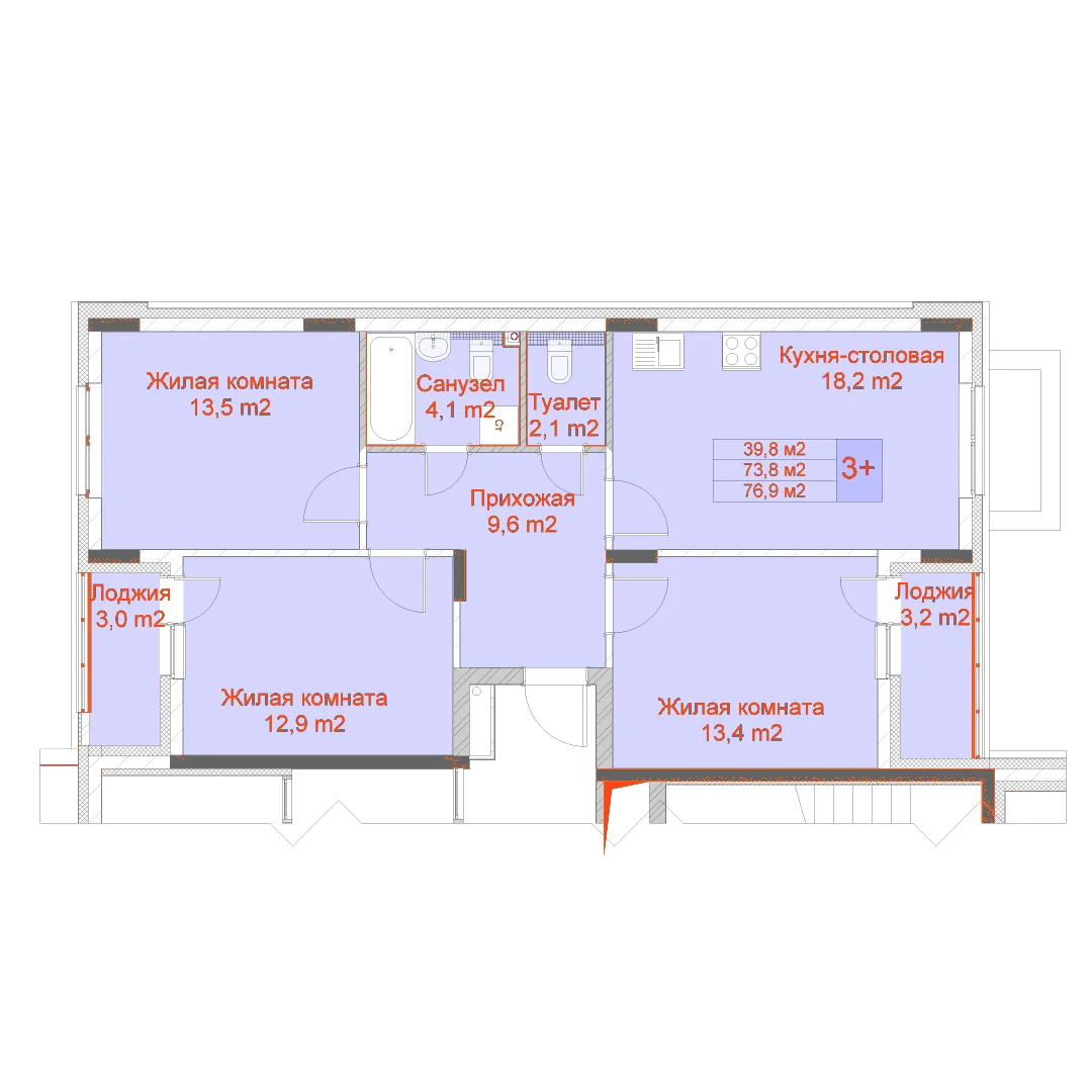 Планировка: 3-комнатная · 76,90 м²