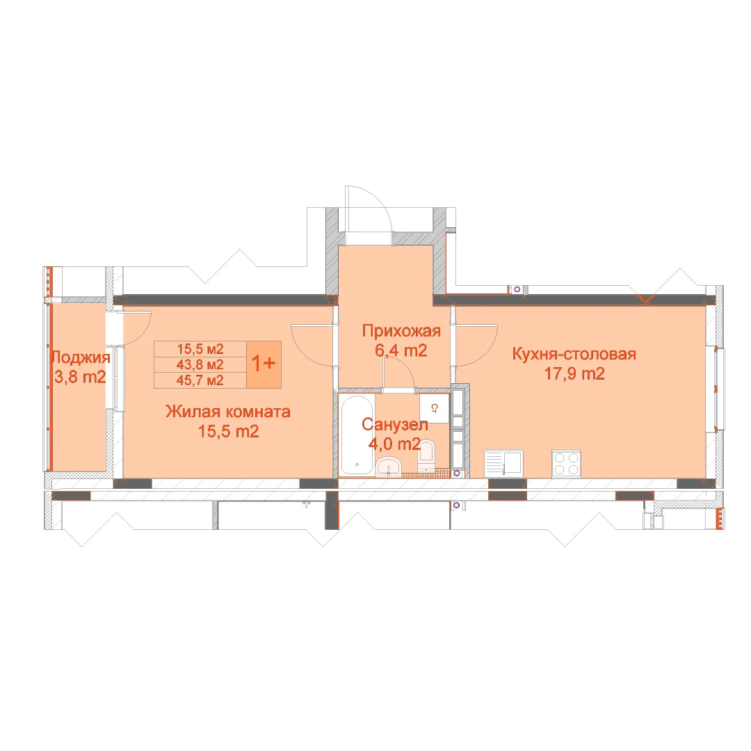 Планировка: 1-комнатная · 45,70 м²