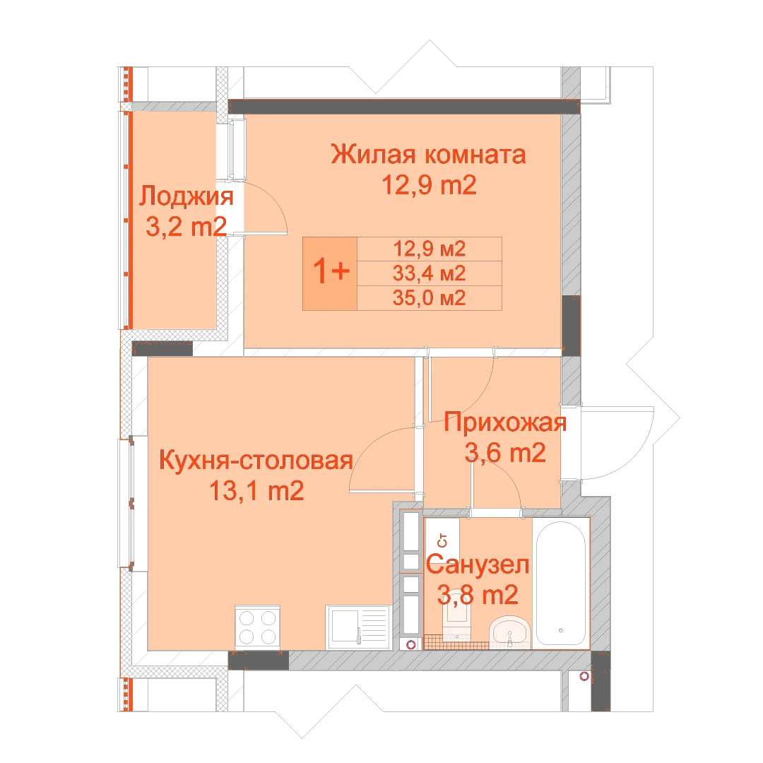 Планировка: 1-комнатная · 35,00 м²