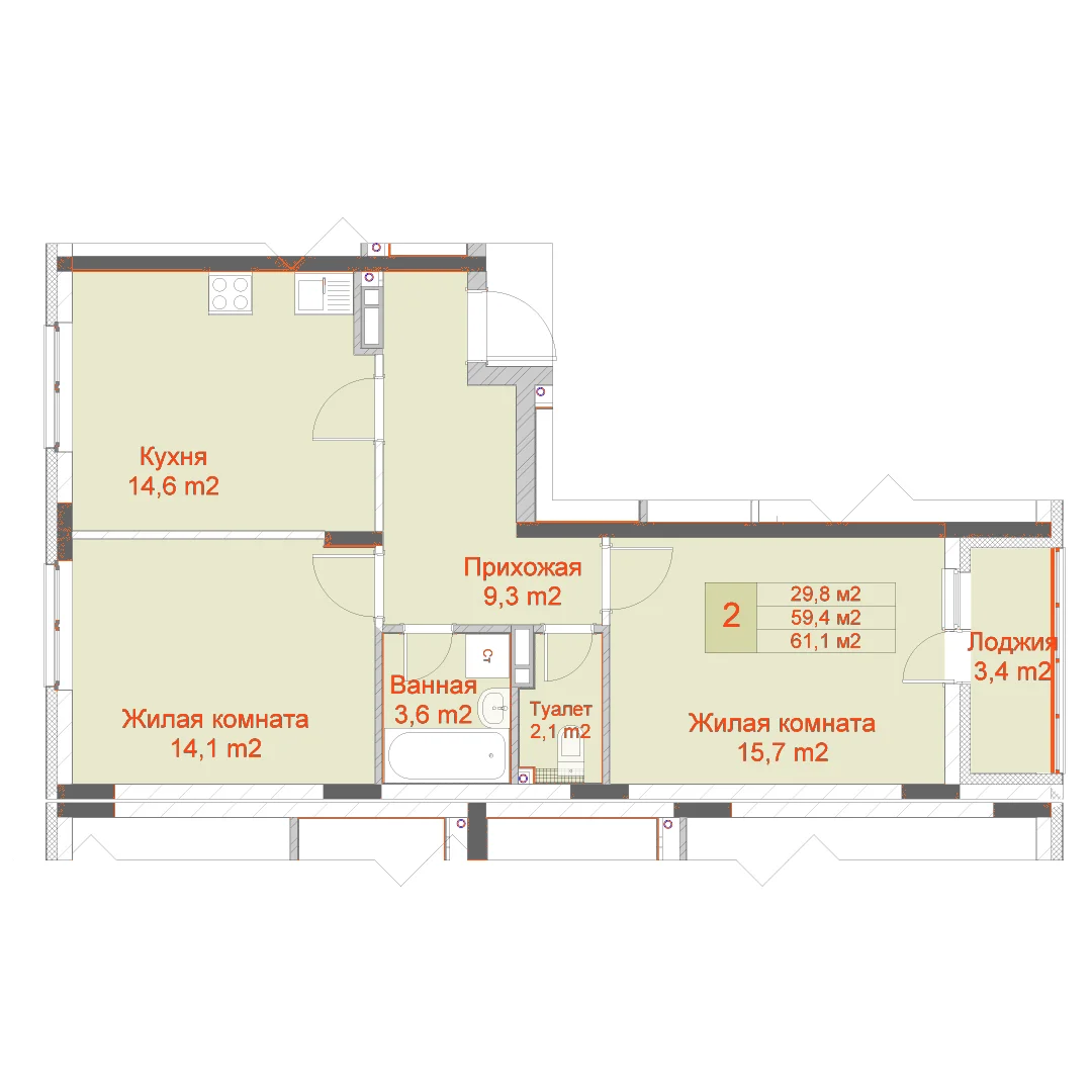 Планировка: 2-комнатная · 61,10 м²