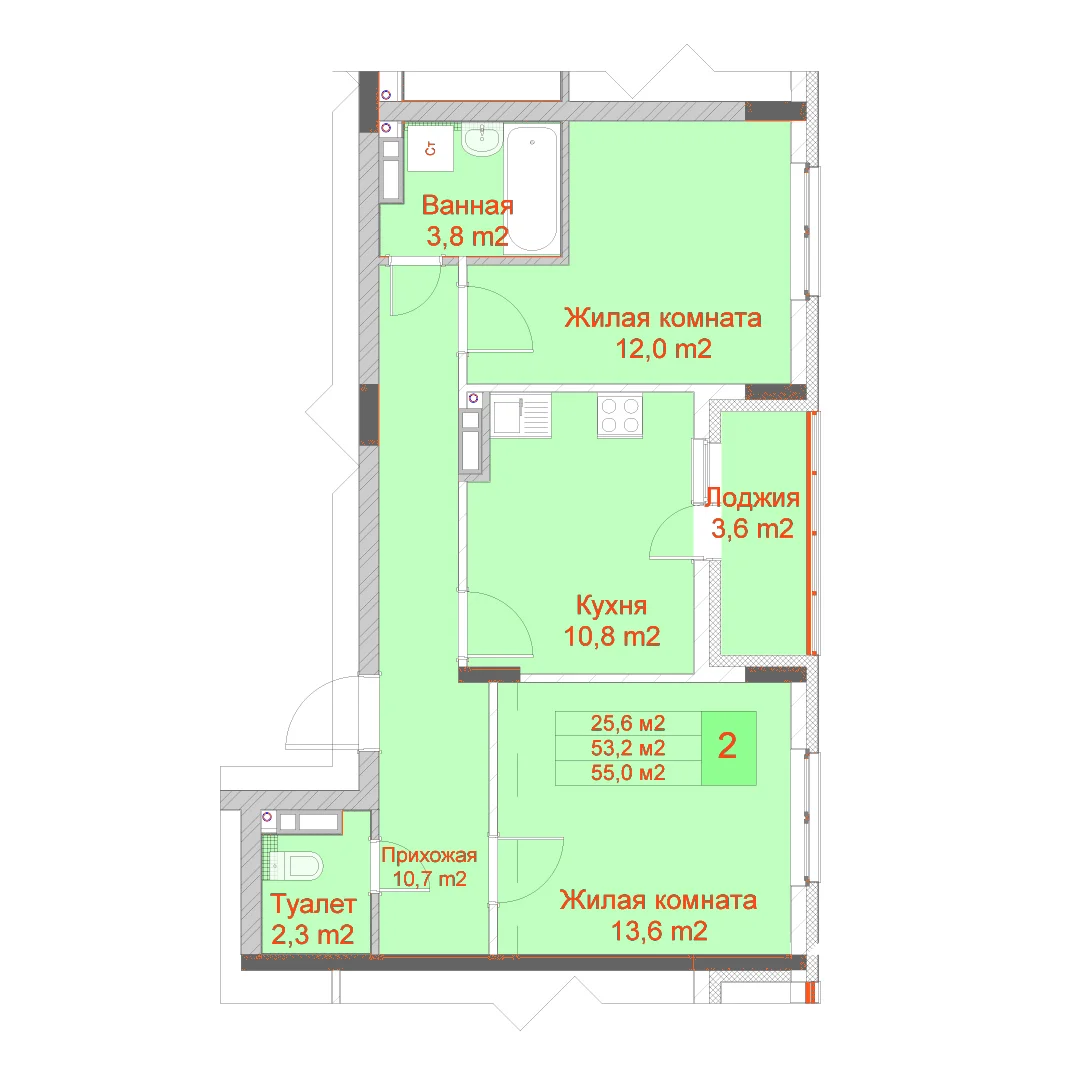 Планировка: 2-комнатная · 55,00 м²