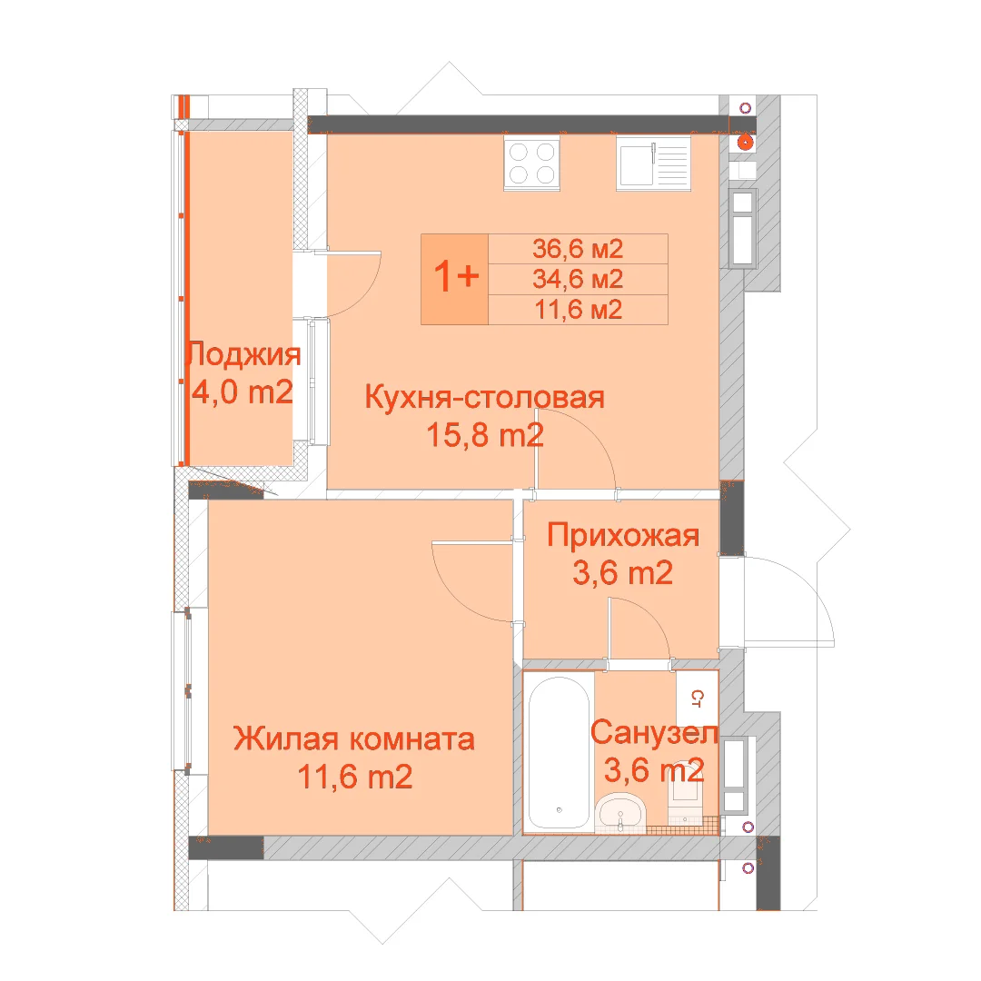 Планировка: 1-комнатная · 36,60 м²