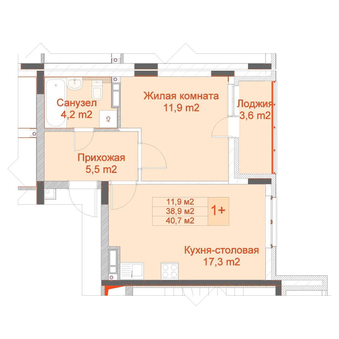 Планировка: 1-комнатная · 40,70 м²