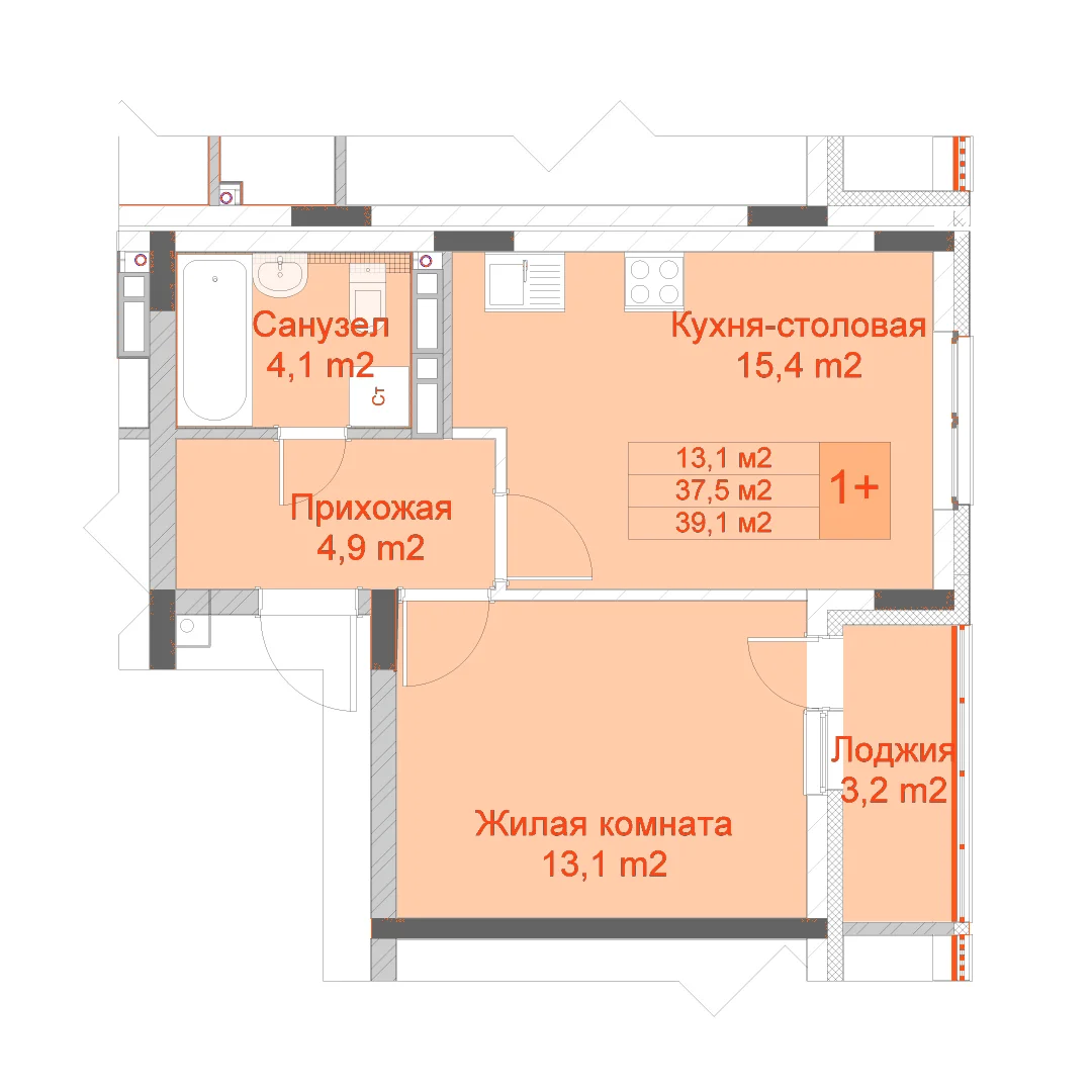 Планировка: 1-комнатная · 39,10 м²