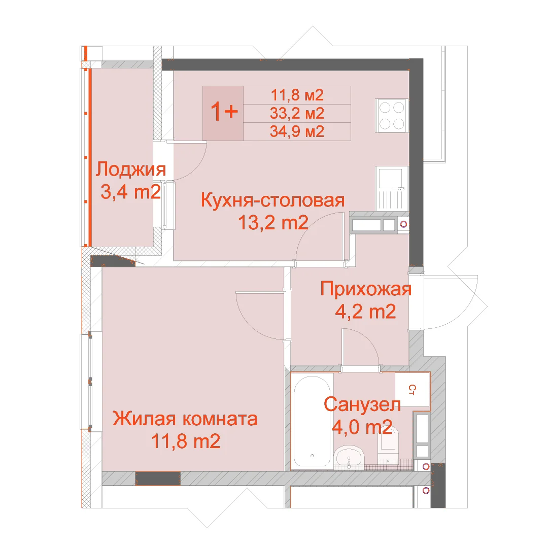 Планировка: 1-комнатная · 34,90 м²