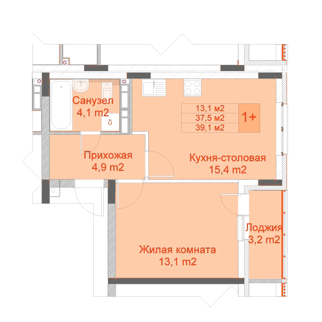Планировка: 1-комнатная · 39,10 м²