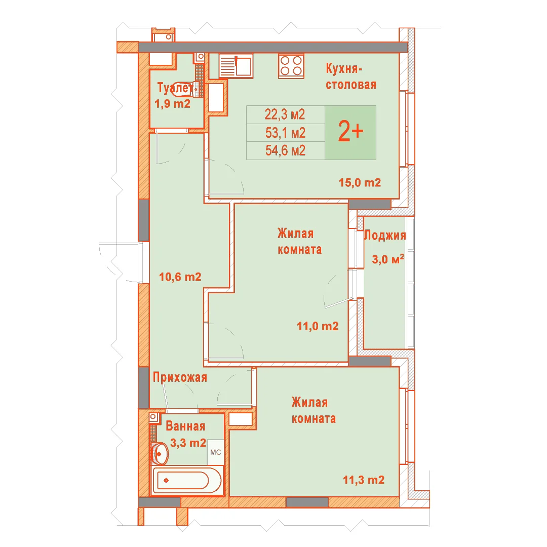 Планировка: 54,60 м² · 2 комнаты