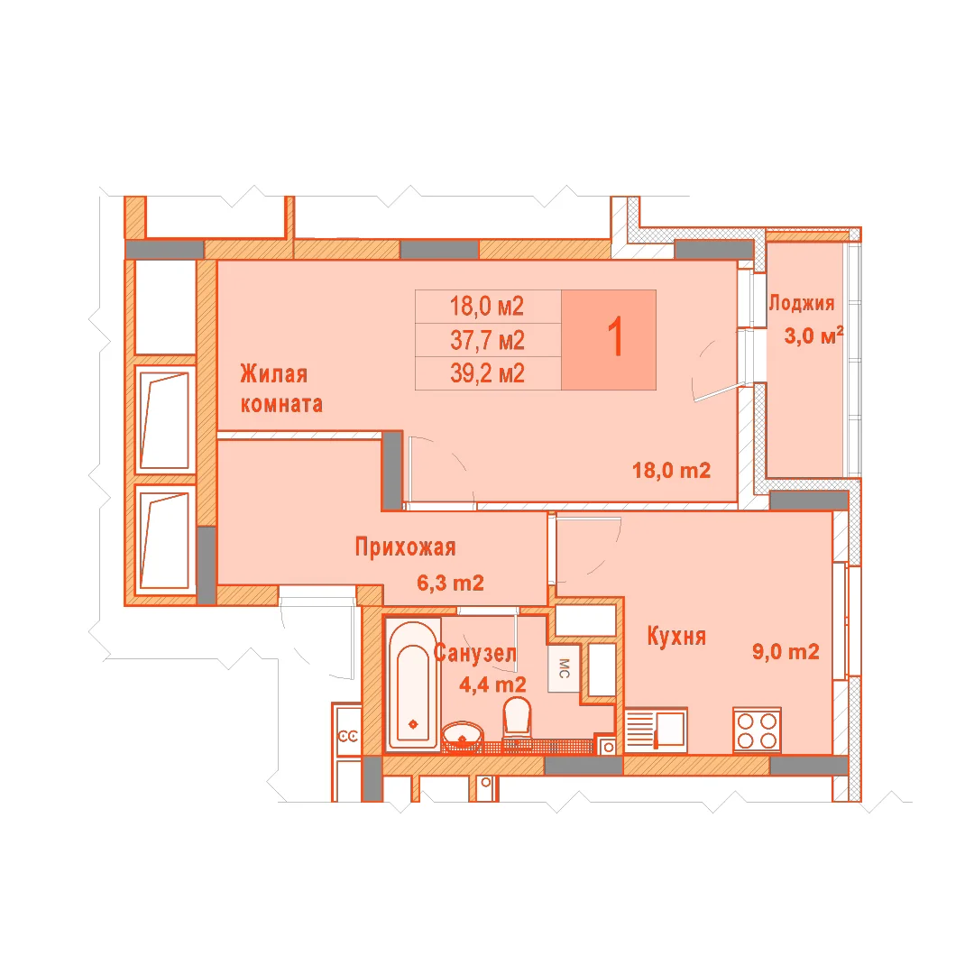 Планировка: 1-комнатная · 39,20 м²