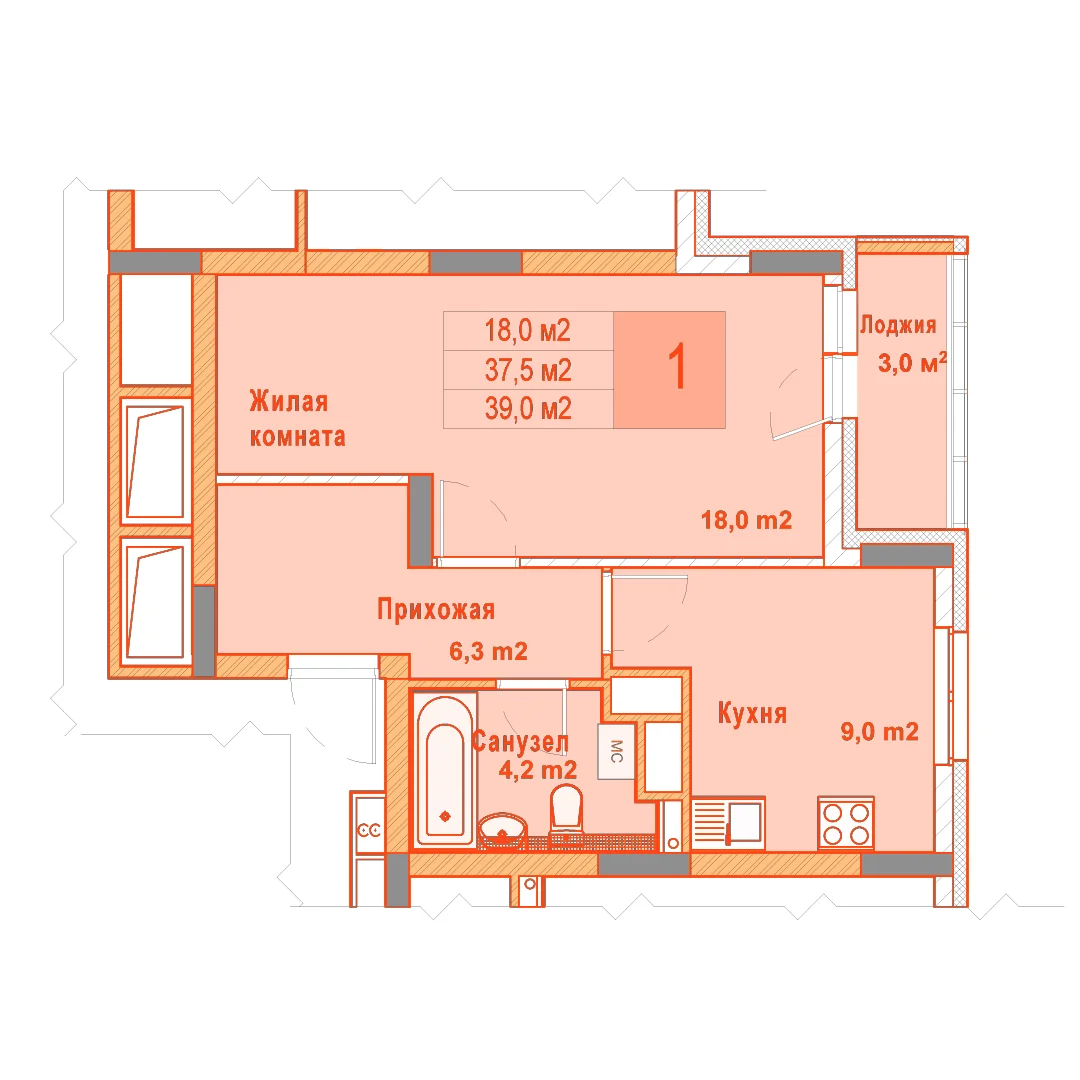 Планировка: 1-комнатная · 39,00 м²