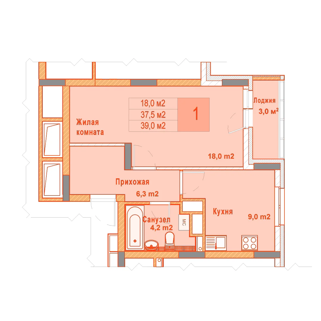 Планировка: 1-комнатная · 39,00 м²