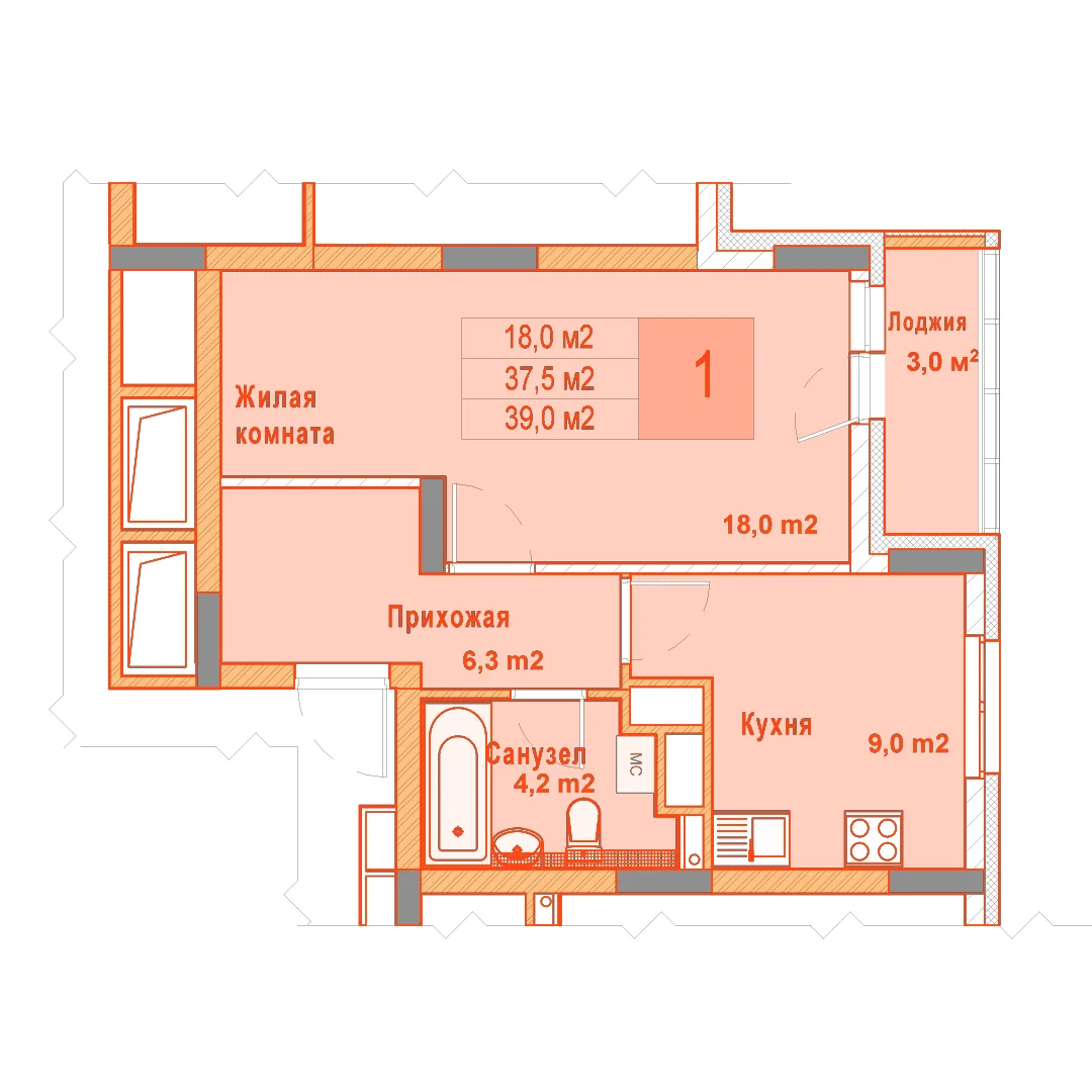 Планировка: 1-комнатная · 39,00 м²