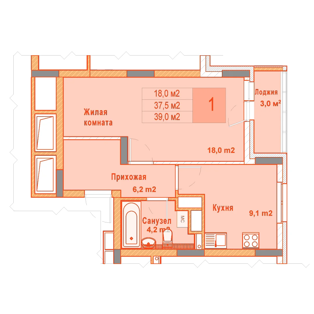 Планировка: 1-комнатная · 39,00 м²