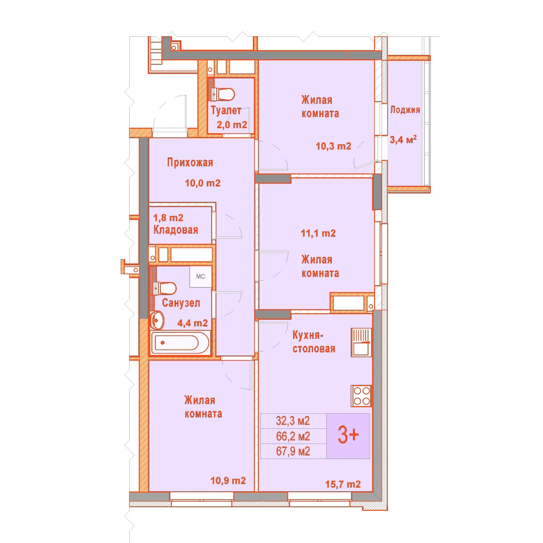 Планировка: 3-комнатная · 67,90 м²