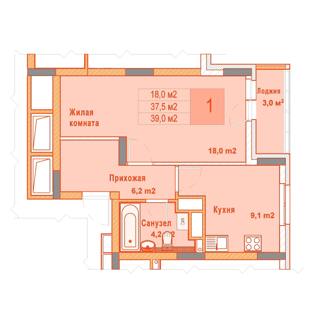 Планировка: 1-комнатная · 39,00 м²