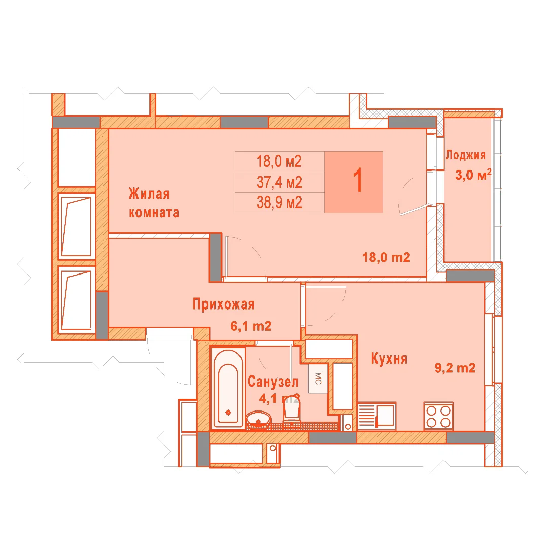 Планировка: 1-комнатная · 38,90 м²