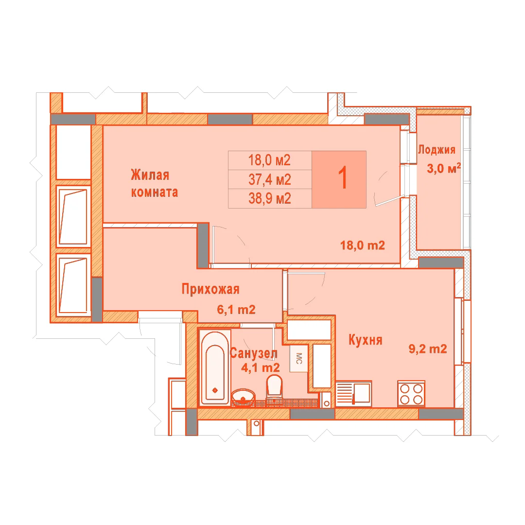 Планировка: 1-комнатная · 38,90 м²