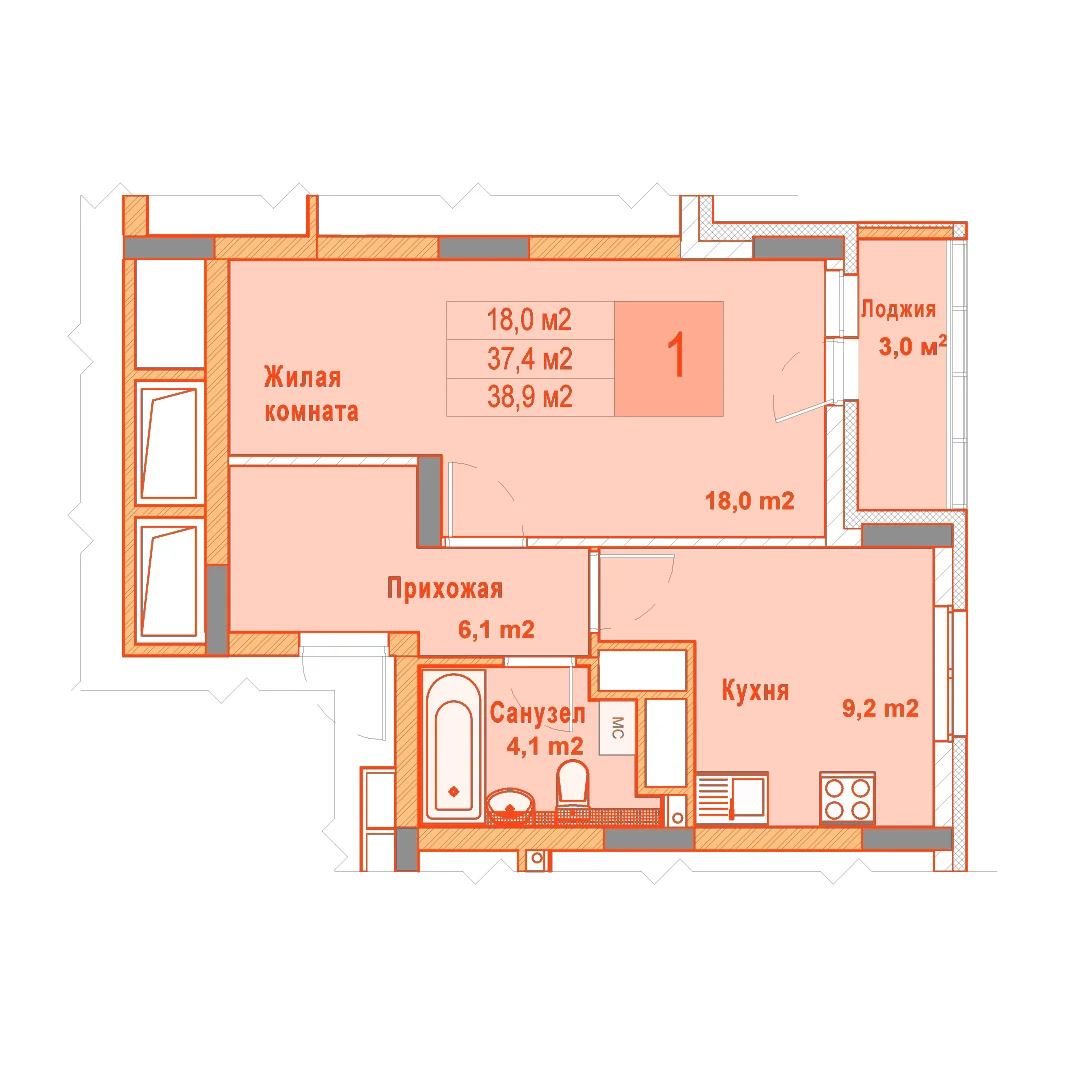 Планировка: 1-комнатная · 38,90 м²