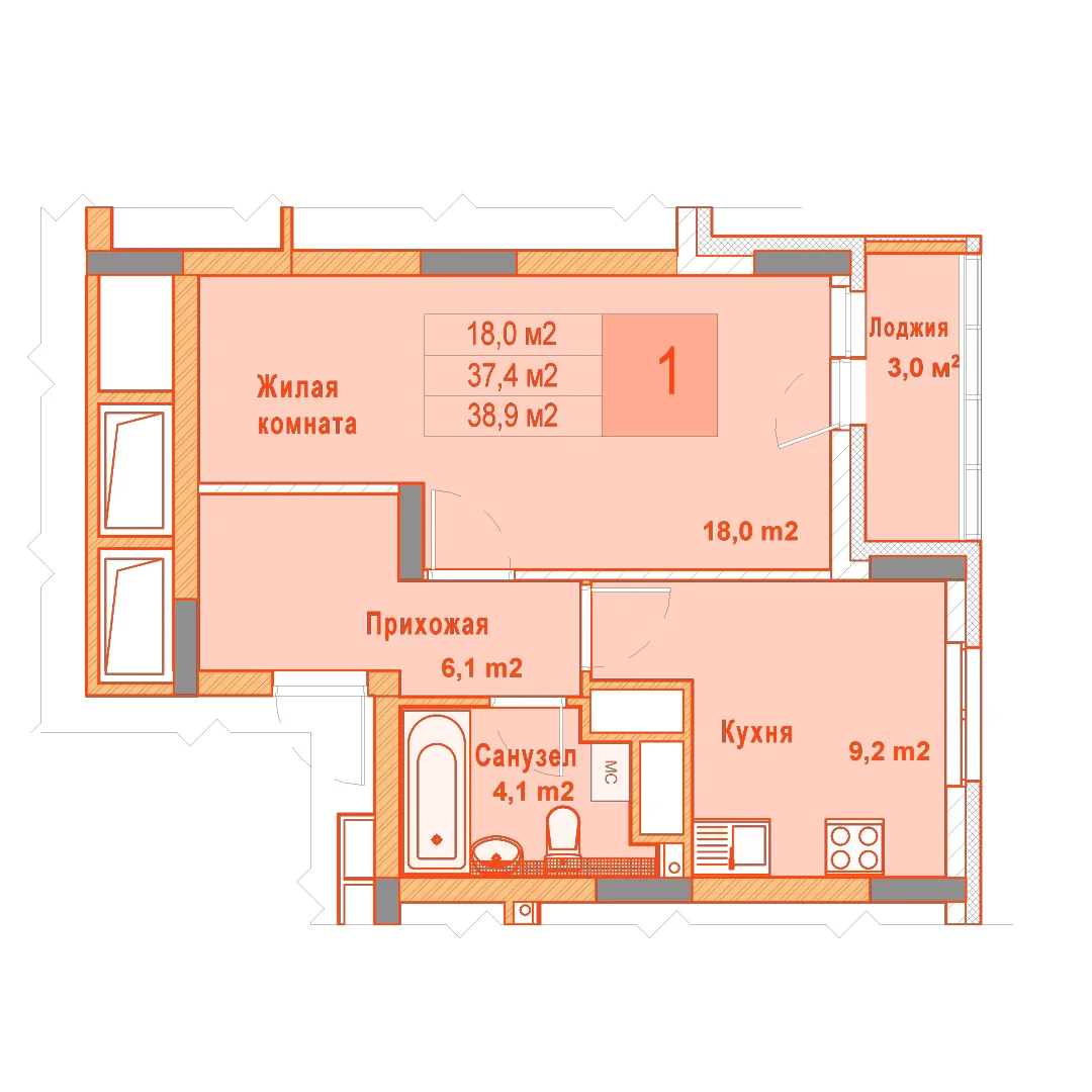 Планировка: 1-комнатная · 38,90 м²