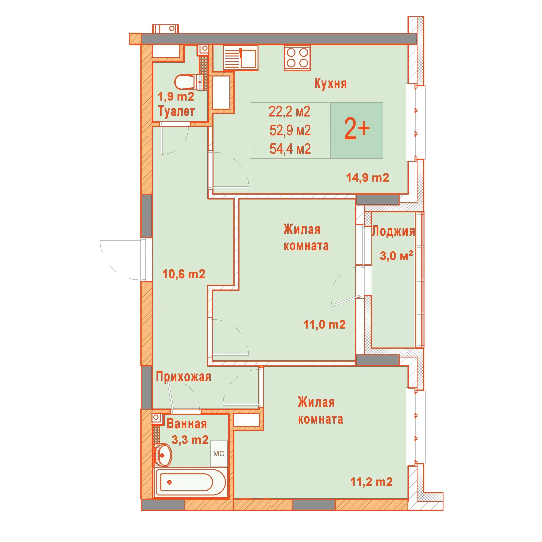 Планировка: 2-комнатная · 54,40 м²