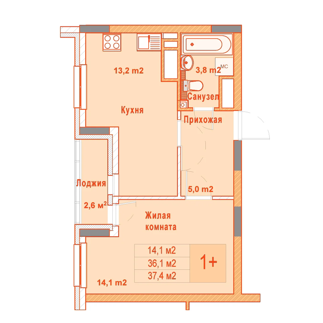 Планировка: 1-комнатная · 37,40 м²
