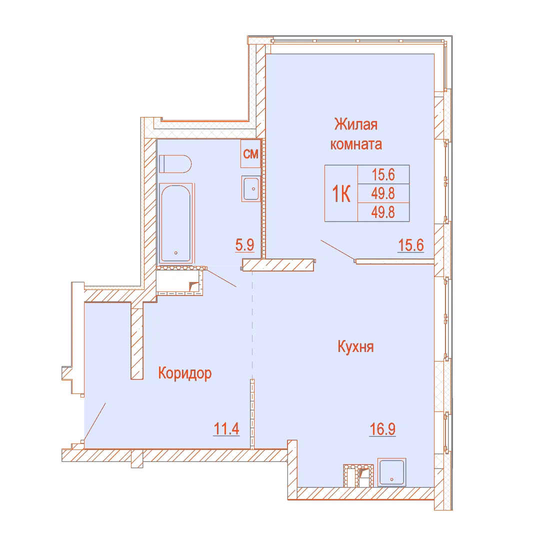 Планировка: 1-комнатная · 49,80 м²