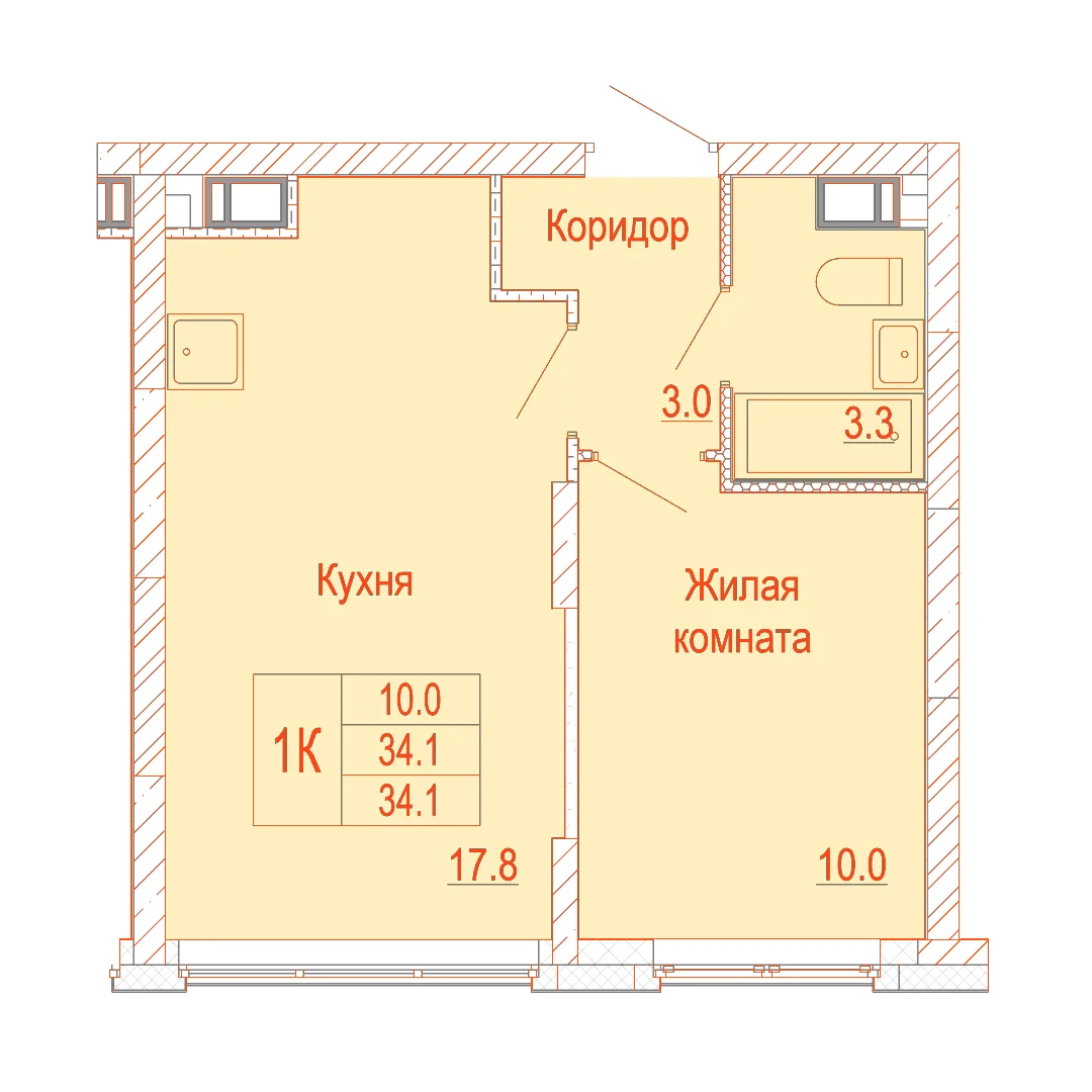 Планировка: 1-комнатная · 34,10 м²