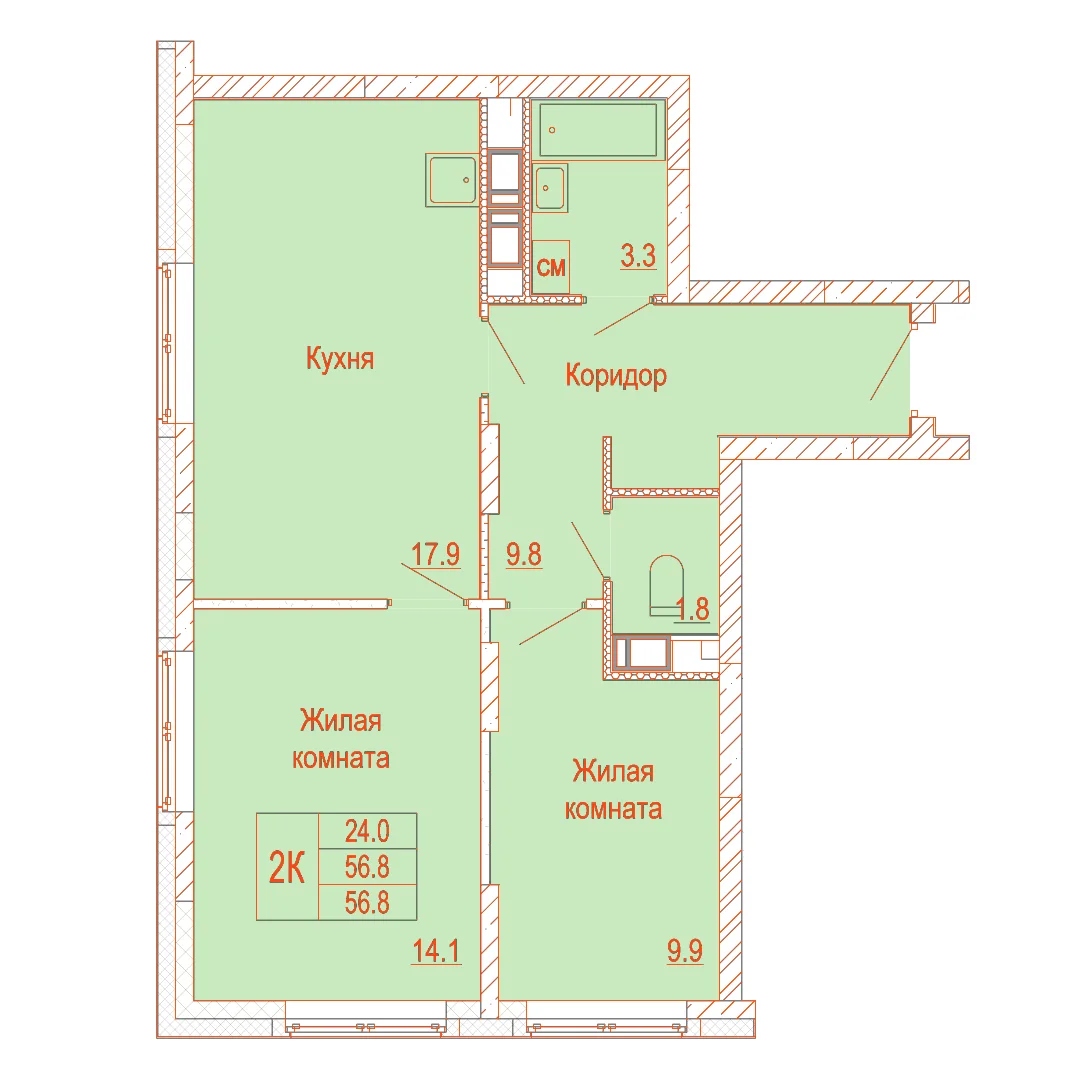 Планировка: 2-комнатная · 56,80 м²
