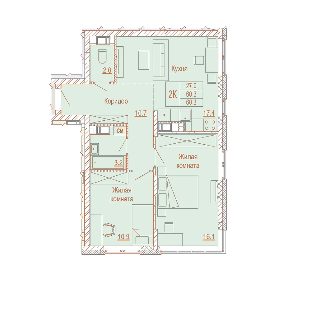Планировка: 2-комнатная · 60,30 м²