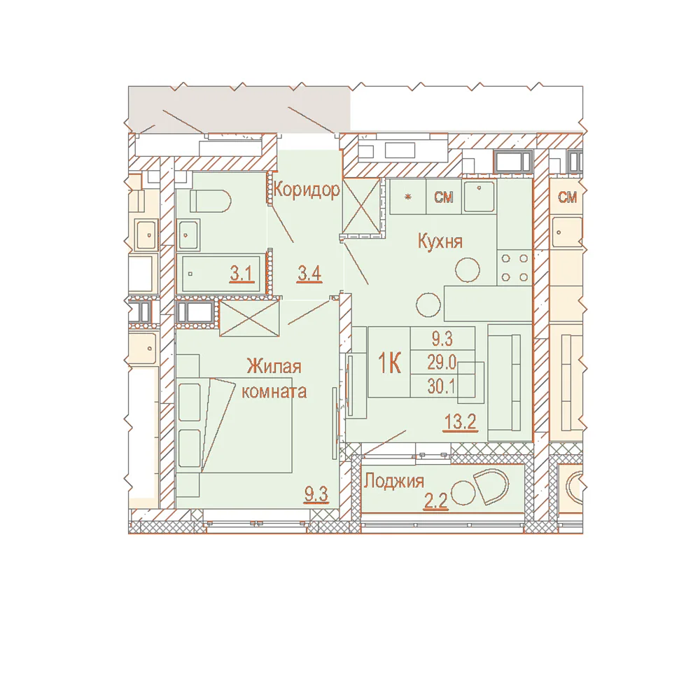 Планировка: 1-комнатная · 30,10 м²