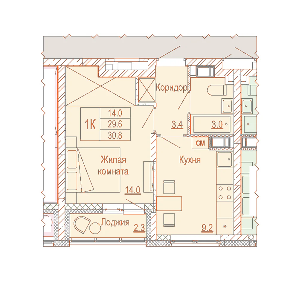 Планировка: 1-комнатная · 30,80 м²