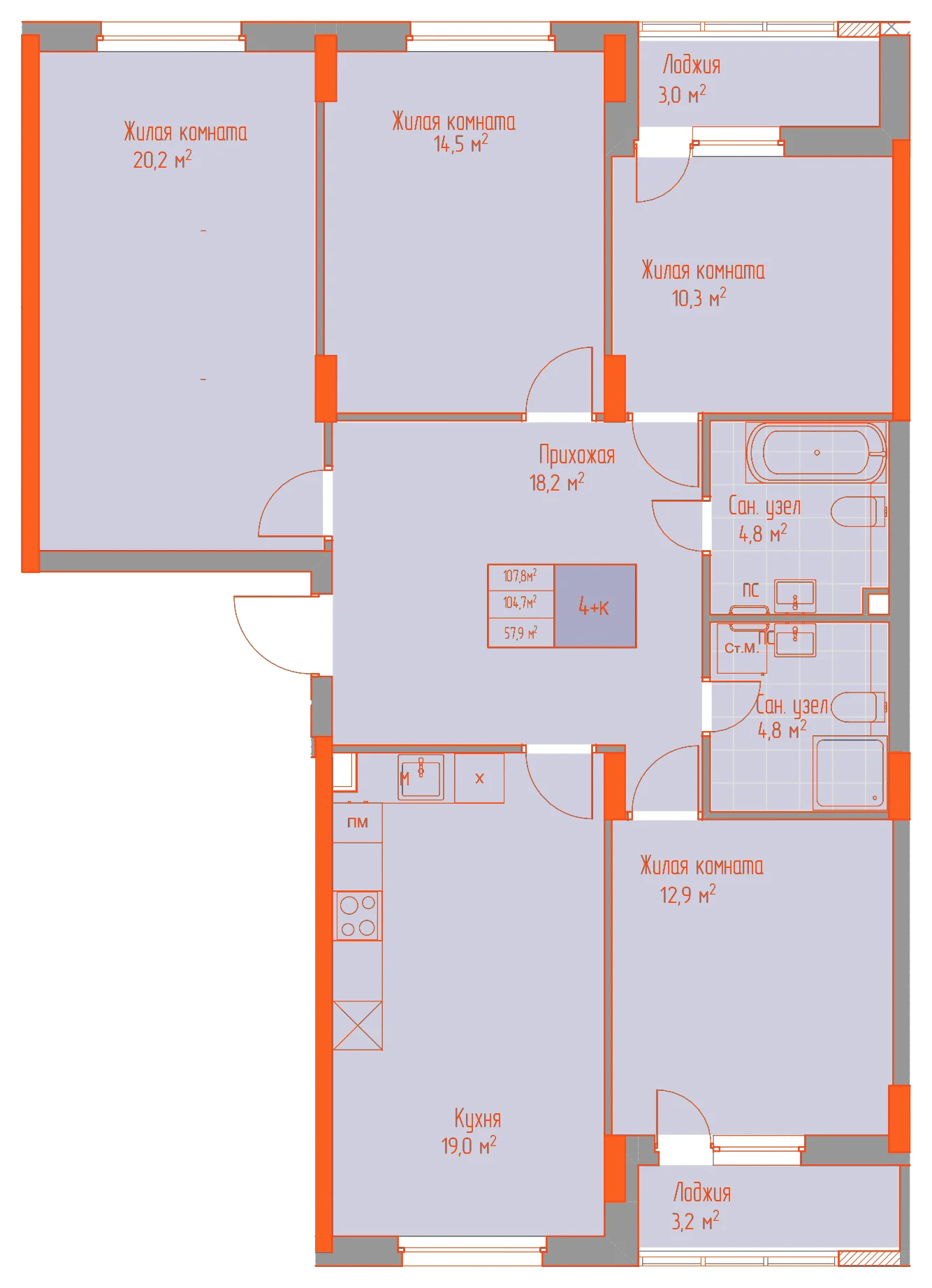 Планировка: 4-комнатная · 107,80 м²