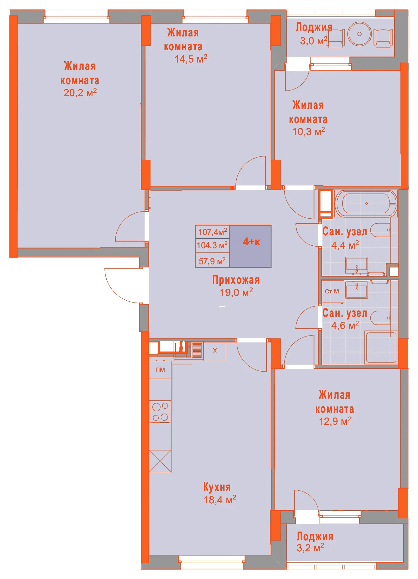 Планировка: 4-комнатная · 107,40 м²