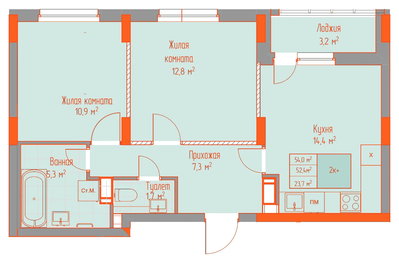 Планировка: 2-комнатная · 54,00 м²