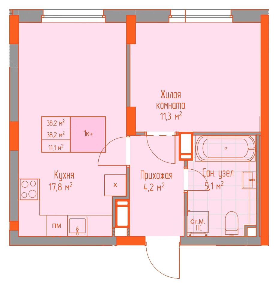Планировка: 1-комнатная · 38,20 м²