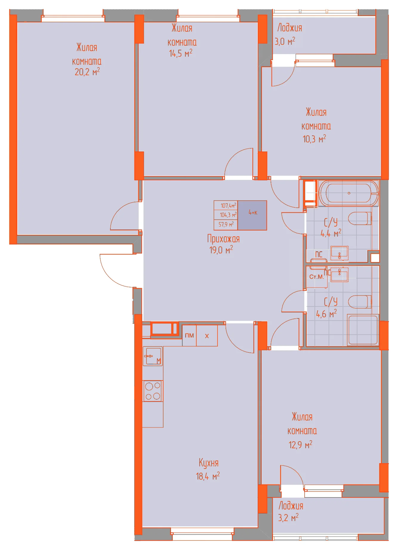 Планировка: 4-комнатная · 107,40 м²