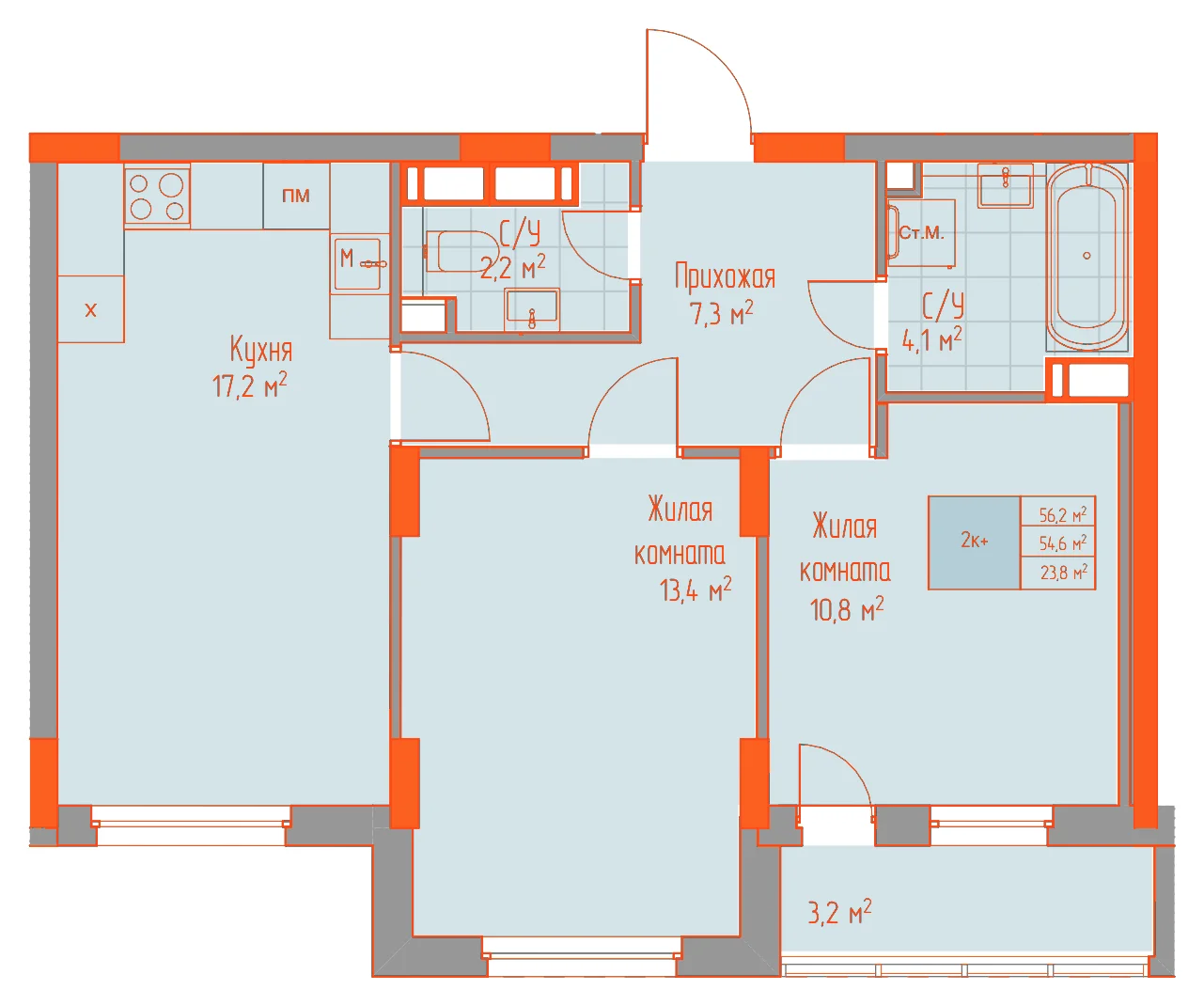 Планировка: 2-комнатная · 56,20 м²