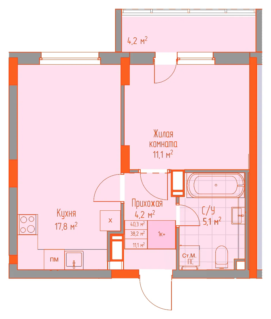 Планировка: 1-комнатная · 40,30 м²