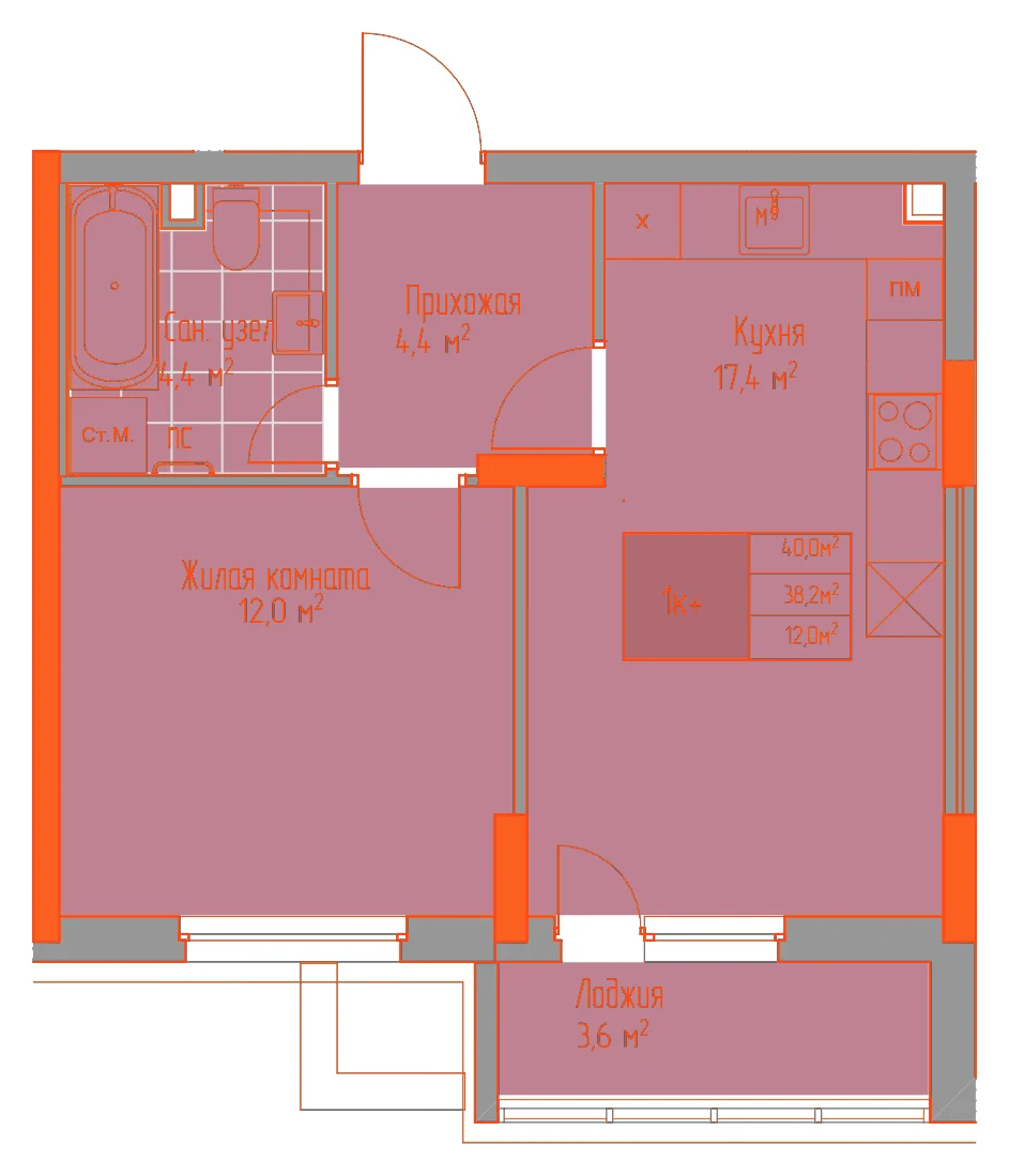 Планировка: 1-комнатная · 40,00 м²