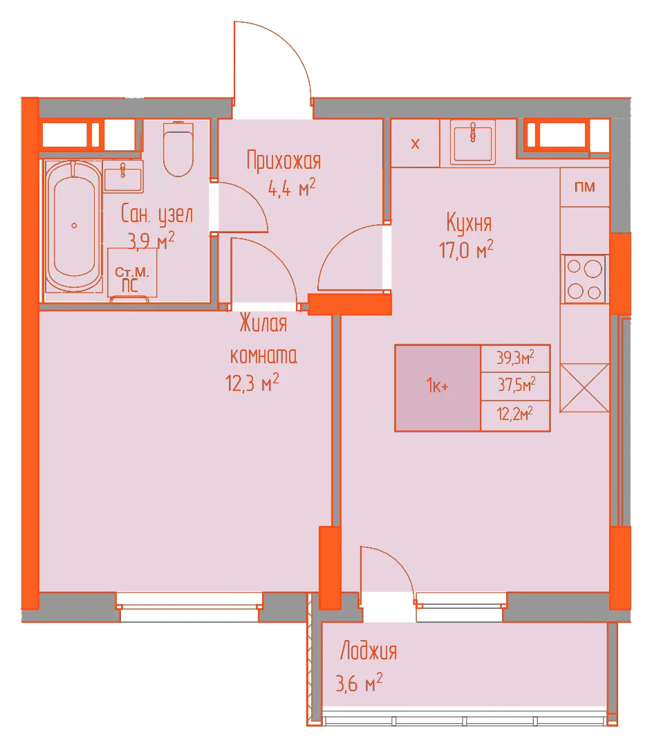 Планировка: 1-комнатная · 39,30 м²