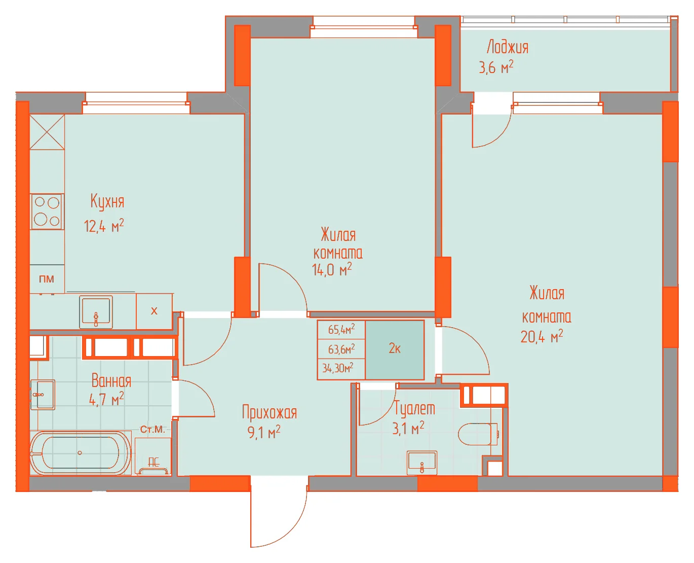 Планировка: 2-комнатная · 65,40 м²