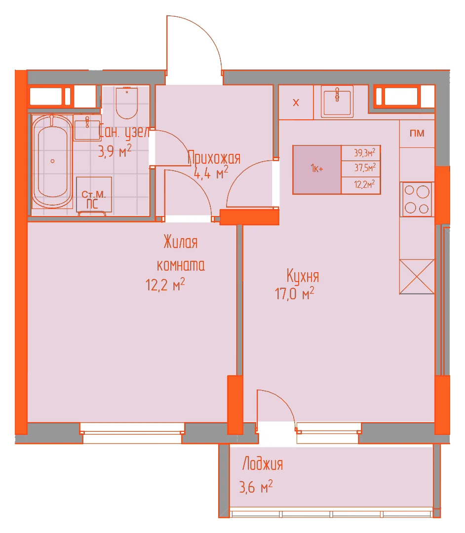 Планировка: 1-комнатная · 39,30 м²