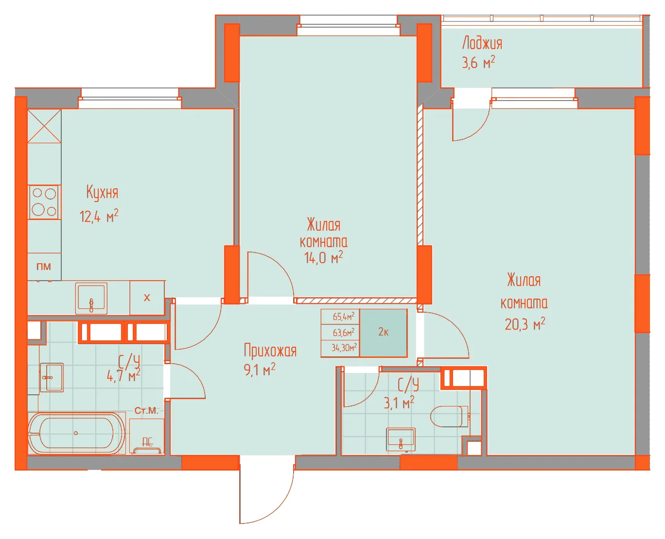 Планировка: 2-комнатная · 65,40 м²