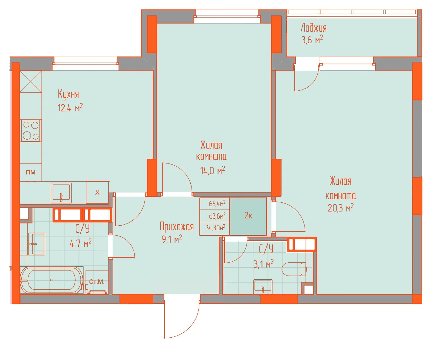 Планировка: 2-комнатная · 65,40 м²
