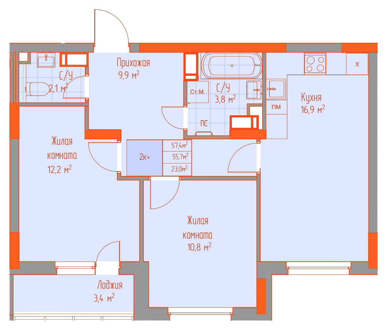Планировка: 2-комнатная · 57,40 м²